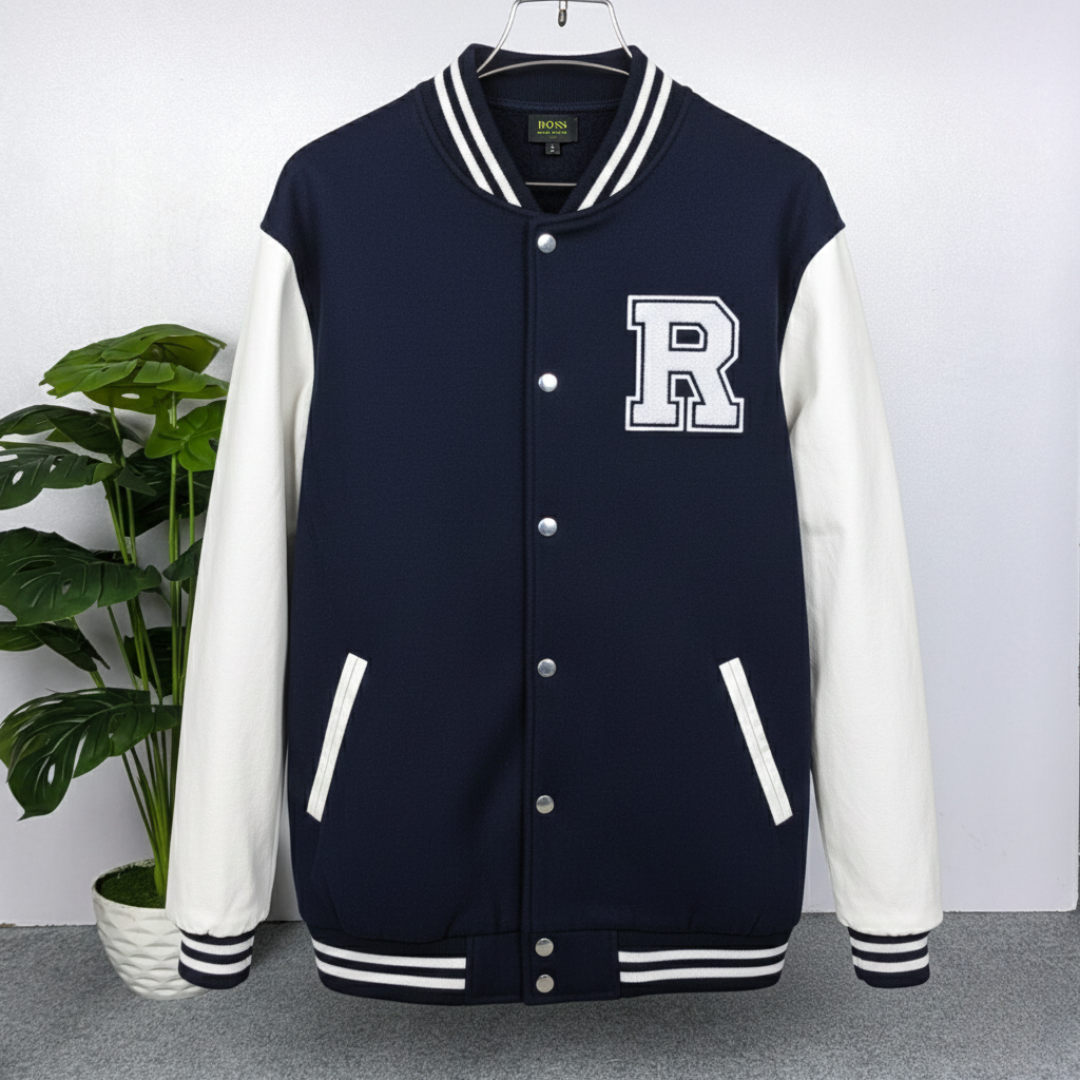 1 Men's Premium China Varsity Jacket ( White + Navy) - Image 1