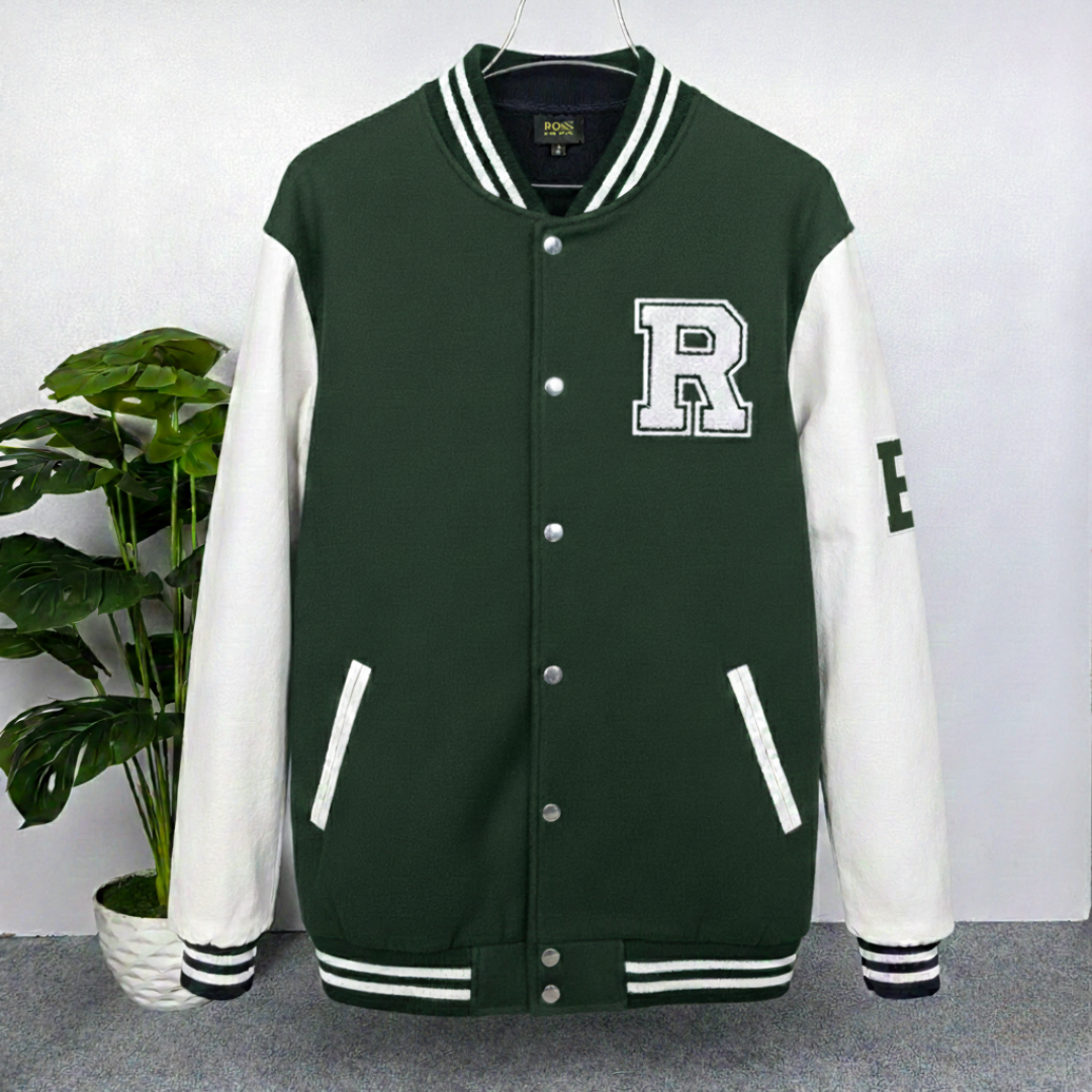 Premium China varsity jacket olive white men's letterman style cotton blend relaxed fit snap button closure Bangladesh Premium China varsity jacket olive white men's letterman style cotton blend relaxed fit snap button closure Bangladesh
