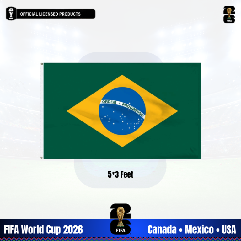 Brazil flag 2026 World Cup official size 3x5 ft green yellow blue white with celestial globe and national motto double-stitched indoor outdoor use