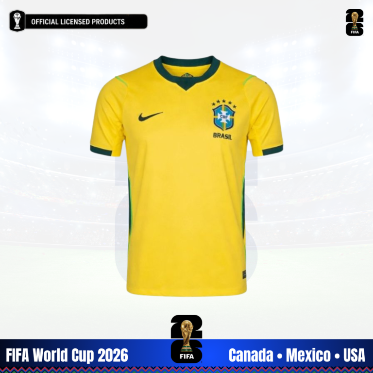 Brazil 2026 home jersey yellow green with Nike branding and five stars