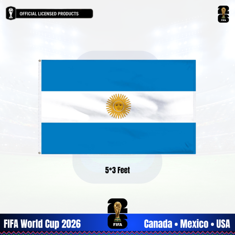 Argentina flag 2026 World Cup official size 3x5 ft light blue and white stripes with Sun of May emblem double-stitched indoor outdoor use